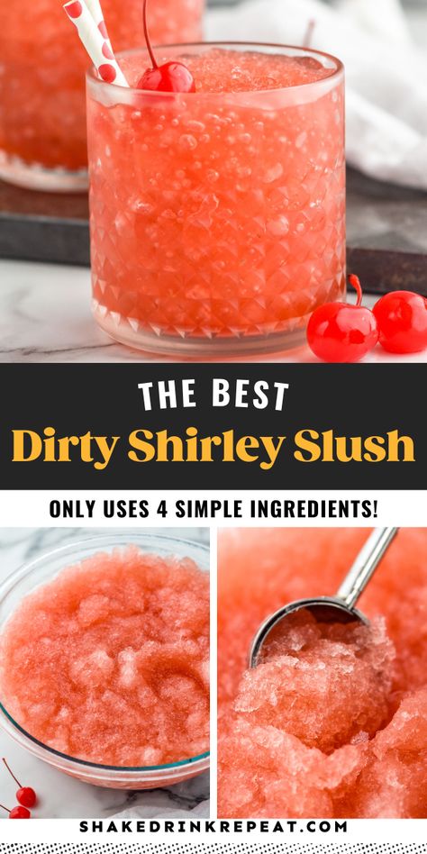 This easy Dirty Shirley Slush recipe is a summer spin on the classic Dirty Shirley cocktail. Made with just four ingredients, you will crave this delicious adult slushy all summer long! Brandy Old Fashioned Slush Recipe, Wine Slushy Recipe, Brandy Slush Wisconsin, Alcohol Slushies Recipes, Apricot Brandy Slush, Holiday Slush Recipes, Ninja Slushie Recipes Alcohol, Frozen Alcoholic Drinks Slushies, Slushie Ideas