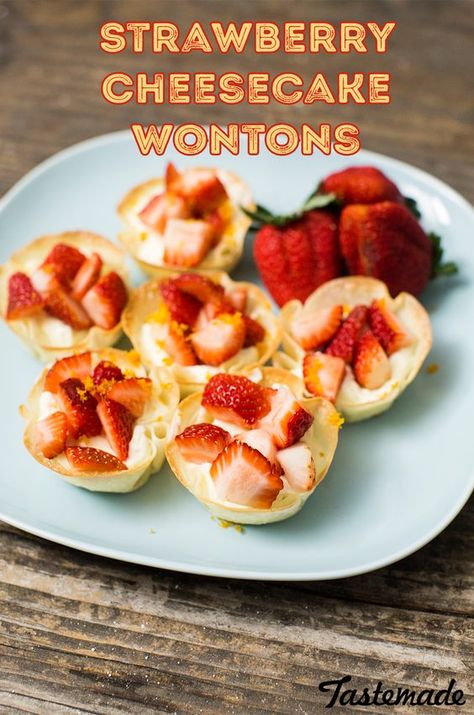 Simple Dimple Bite-Sized Strawberry Cheesecakes with a Wonton Crunch! These sweeties couldn't be easier to make or eat! Simple Snacks For Party Appetizers, Wonton Cheesecake, Wonton Cups Dessert, Strawberry Cheesecake Wontons, Wonton Meals, Wonton Wrapper Recipes Dessert, Wonton Snacks, Wonton Wrapper Dessert, Cheesecake Wontons