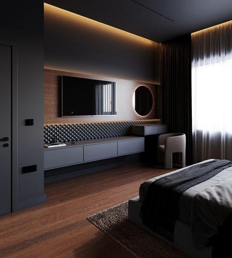 Dark Bedroom Dark Bedroom, Marble Fireplace, Wood Marble, Black Bedroom, Grey Bedroom, Modern Bedroom Decor, Modern Bedroom Design, Simple Bedroom, Modern Bed