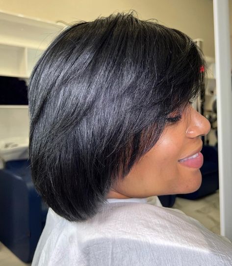 Jet-Black Layered Bob Jet Black Bob, Bob Hairstyles For Black Women, Short Relaxed Hairstyles, Black Bob Hairstyles, Long Bobs, Face Framing Bangs, Hair Adviser, Black Bob, Medium Layered Hair