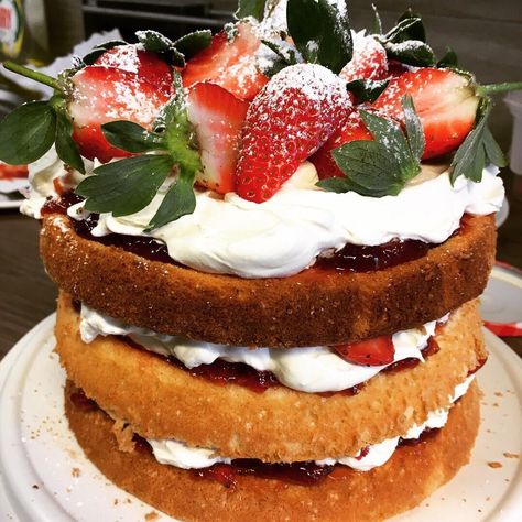 I baked a three tier Victoria sponge cake with homemade strawberry jam and freshly made cream Three Tier Cake, Homemade Strawberry Jam, Cake Strawberry, Victoria Sponge Cake, Food Hub, Victoria Sponge, Tier Cake, Cake Mix Cookies, Three Tier