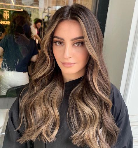 Ombre With Money Piece, Golden Blonde Highlights On Brown Hair, Hairstyles Practice, Warm Brown With Highlights, Golden Brown Hair With Highlights, Honey Bayalage Brunette, Brunette Money Piece Balayage, Dark Root Balayage, Beige Balayage