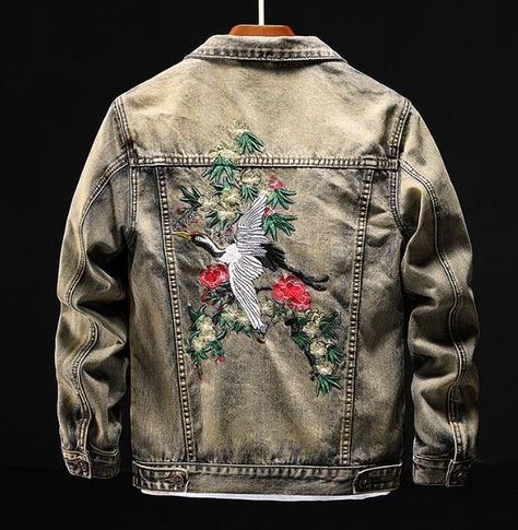 Denim Jacket Embroidery, Punk Jeans, Male Streetwear, Stonewashed Jeans, Jacket Embroidery, Hip Hop Jeans, Kimono Yukata, Long Sleeve Denim Jacket, Embroidered Denim Jacket