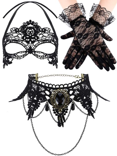 Lace Masquerade Mask, Black Lace Gloves, Lace Masquerade Masks, Gothic Choker Necklace, Gothic Choker, Hallowen Costume, Gothic Chokers, Masquerade Costumes, Lace Mask