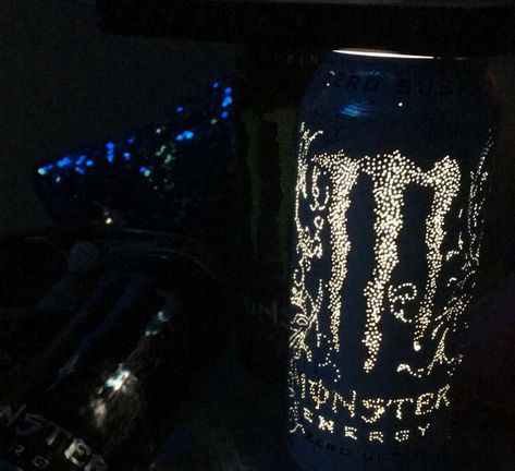 hi im with my bff and we got monsters and poked holes in them for 4 hours and we did it- yay :] Monster Can Light Holes, What To Do With A Monster Can, Things To Make With Cans, Monster Can Crafts, Monster Energy Aesthetic, Monster Cans Diy, Monster Drink, Monster Decorations, Diy Monsters