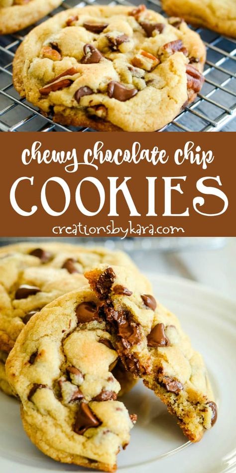 Melted Butter Chocolate Chip Cookies are some of the best I've tried. It takes time to chill the dough, but you end up with chewy cookies with unbeatable flavor! #chewychocolatechipcookies #meltedbutterchocolatechipcookies #chocolatechipcookies #homemadechocolatechipcookies -from Creations by Kara Indulgent Recipes, Quick Cookies Recipes, Chocolate Chip Shortbread Cookies, Scone Recipes, Homemade Snickers, Homemade Chocolate Chip Cookies, Chewy Cookies, Chocolate Chip Cookies Recipe, Easy No Bake Desserts