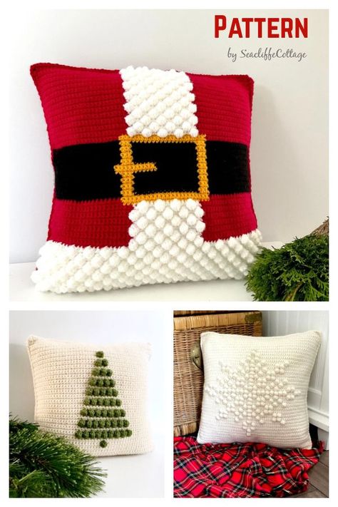 Crochet Christmas Pillows Patterns, Crochet Cushion Cover Christmas, Christmas Pillows To Crochet, Crochet Winter Pillow, Christmas Crochet Cushion Patterns Free, Winter Crochet Pillow Pattern, Free Christmas Pillow Patterns, Free Crochet Christmas Patterns Holidays, Christmas Crocheted Ideas