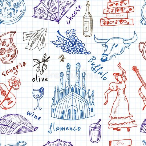 Hand drawn doodle Spain symbols seamless pattern royalty free illustration Spain Symbols, Bujo Doodles, Doodle Inspiration, Abstract Art Inspiration, Free Illustration, Travel Collection, Free Illustrations, Icon Set, Seamless Pattern