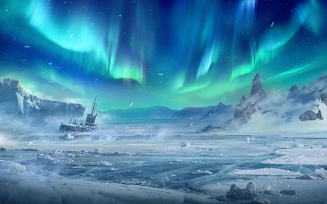 ArtStation - WoT_Wargaming.net Northern Lights Fantasy Art, Aurora Concept Art, Fantasy Ice Landscape, Ice Environment, Ice Landscape, Aurora Borealis Art, Icewind Dale, Ice Fantasy, Arctic Landscape