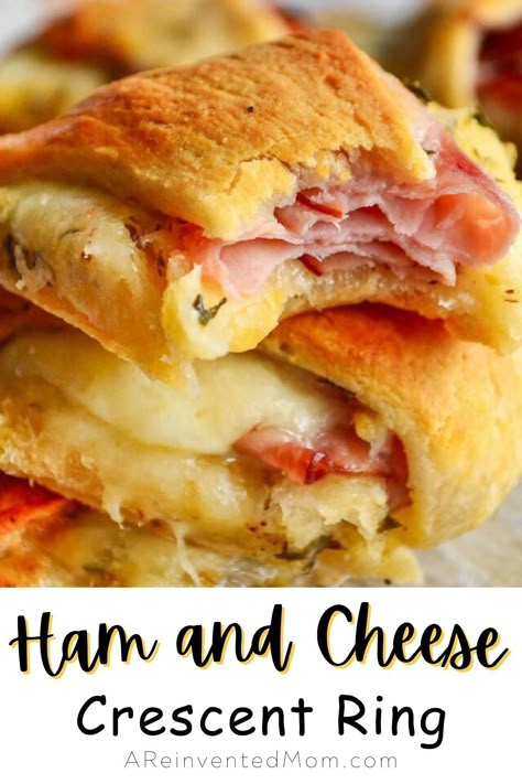 This Ham and Cheese Crescent Ring wreath is made with simple ingredients and is ready in less than 30 minutes. It combines flaky crescent rolls, savory ham, melty cheese and is brushed with a flavorful herb butter for a delicious dish the whole family will love. Ham Ring Crescent Rolls, Ring Sandwiches Crescent Rolls, Crescent Roll Recipes Ham And Cheese, Sausage Ring Recipes Crescent Rolls, Ham And Cheese Crescent Ring, Breakfast Ring Crescent Rolls, Ham Cheese Crescent Rolls, Ham And Cheese Ring, Cresants Roll Recipes