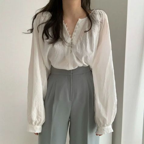 Kolopara Long-Sleeve Henley Blouse | YesStyle Fall Blouse, Pretty Blouses, Flowy Blouse, Puff Sleeve Blouse, Loose Shirts, Elegant Shirt, Casual Blouse, Girls Long Sleeve, Blouse Styles