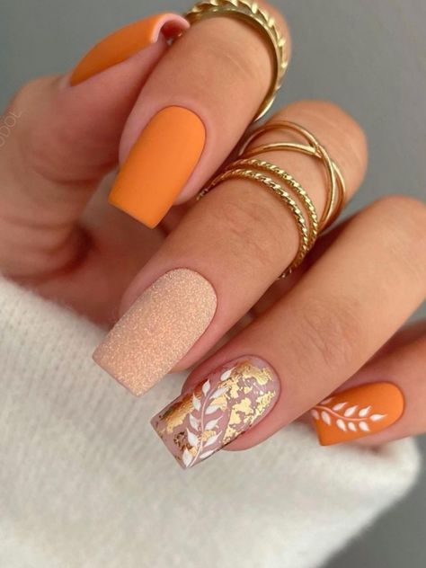 burnt orange acrylic nails with glitter and fall leaves Nail Ideas 2022, Orange Nail Ideas, Orange Nail Designs, Orange Nail, Nail Art For Beginners, Trendy Nail Art Designs, Geometric Nail, Simple Nail Art Designs, Thanksgiving Nails