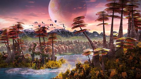 Alien Worlds Landscape, Planet Landscape, Alien Planets, Alien Landscape, Planet Drawing, Futuristic Cities, Alien Life, Planets Wallpaper, Space Fantasy