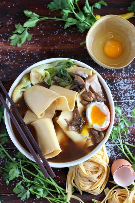 Thick-Cut Noodles + Bone Broth, Mushrooms and Soft Boiled Egg. thewoodenskillet.com Soup Food Photography, Homemade Pasta Noodles, Egg Noodles Recipe, Recipes Illustration, Make Homemade Pasta, Wooden Skillet, Soft Boiled Egg, Wonton Recipes, Beef Bone Broth