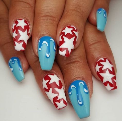 Nail inspo Spring Nails Simple, Nail Colors Spring, Red White And Blue Nails, White And Blue Nails, Blue Drip, Simple Spring Nails, Fourth Of July Nails, Fingernail Designs, Drip Nails