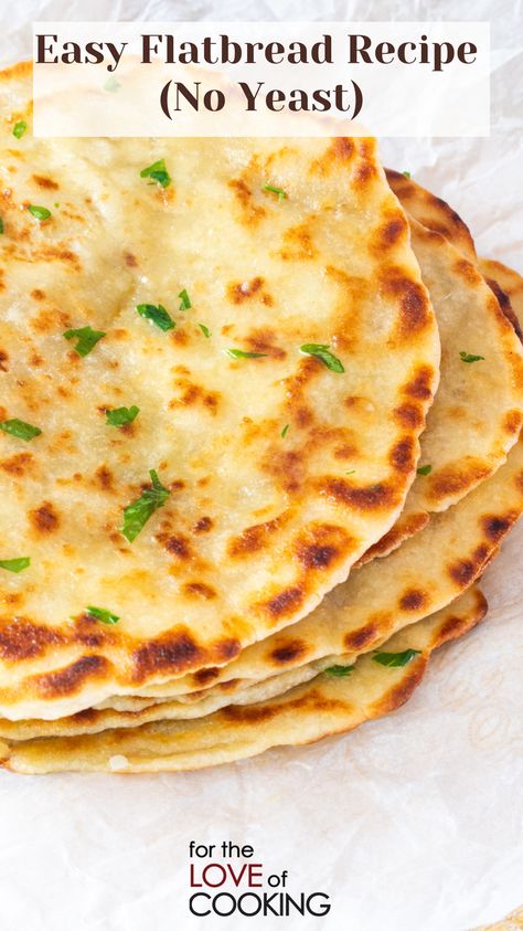 This delicious easy flatbread recipe (no yeast), is simple to throw together and makes the softest, fluffiest, homemade flatbread.  New Recipe ~ Easy Flatbread Recipe (No Yeast)   Link: https://fortheloveofcooking.net/recipe/easy-flatbread-recipe-no-yeast  #recipe #flatbread #homemadeflatbread #bread #easyrecipes Flat Bread Recipes Easy, Simple Flatbread Recipe, Gf Flat Bread Recipe, Simple Pita Bread Recipe, Mediterranean Flat Bread Recipes, How To Eat Naan Bread, Whole Wheat Flatbread Recipe, Lentil Flatbread Recipe, Flat Bread Recipe No Yeast