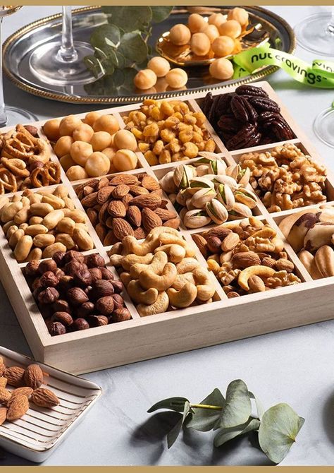 Nuts Gift Basket — Best Christmas Holiday Gifts-Christmas Gift Basket Holiday Nuts in Reusable Wooden Tray + Green Ribbon — 12 Assortments  #Nuts #Gift #Basket #Best #Christmas #Holiday #Gifts Snacks For Home, Uses For Pickle Juice, Edible Gift Baskets, Dry Fruits Benefits, Pickle Juice Uses, Nut Gift Basket, Healthy Birthday, Assorted Nuts, Nuts Gift