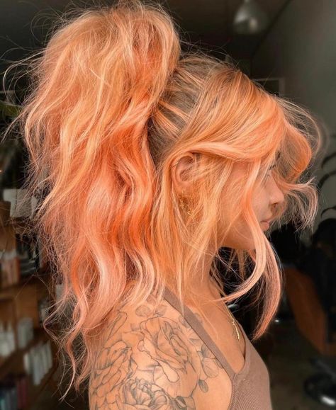 Vivid Peach Hair, Pastel Peach Hair Dark Roots, 2023 Vivid Hair Trends, Peach Hair With Blonde Money Piece, Quirky Hair Colours, Peach Color Block Hair, Cooper Pink Hair, Peach And Brown Hair, Blonde Hair Orange Tips