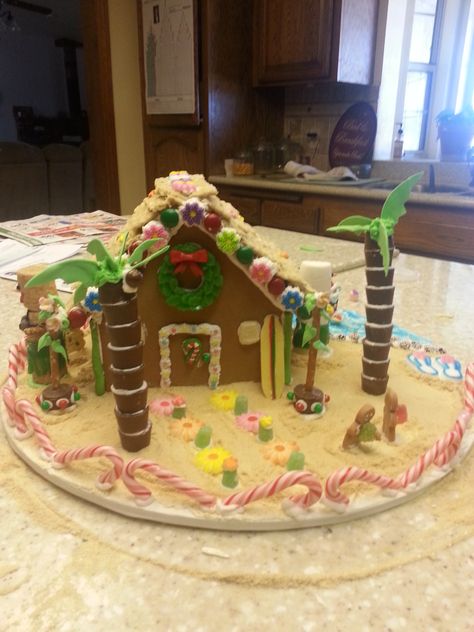 Hawaiian gingerbread house. Beachy Gingerbread House, Hawaiian Gingerbread House, Gingerbread House Beach Theme, Edible Architecture, Shack House, Homemade Gingerbread House, Gingerbread House Ideas, Gingerbread Baking, Gingerbread Creations