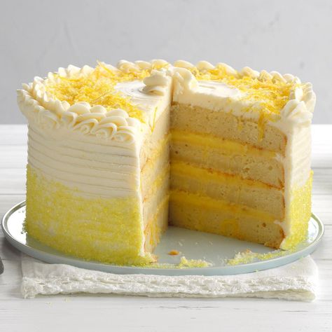 This recipe is a family gem that was passed down from my grandmother and mother. Garnished with shaved lemon peel, the moist four-layer cake is the perfect dessert when you want to impress. Lemon Ricotta Cake Recipes, Ricotta Cake Recipes, Lemon Ricotta Cake, Spaghetti Dinner, Ricotta Cake, Lemon Ricotta, Lemon Desserts, Vintage Cake, Taste Of Home