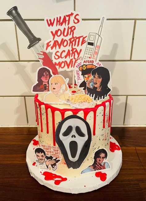 Scream Bday Cake, Scream Cake Movie, Horror Bday Cake, Horror Movies Cake, Scream Movie Cake, Scary Movie Cakes, Horror Themed Cake, Ghostface Cake, Horror Movie Cake