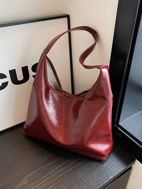 Burgundy  Collar  PU Leather Plain Shoulder Tote Bag Embellished   Women Bags Burgundy Tote Bag, Burgundy Leather Bag, Bag For University, Demure Fall, Shein Bags, Letter Vintage, Canvas Grocery Bag, Red Shoulder Bag, Burgundy Bag