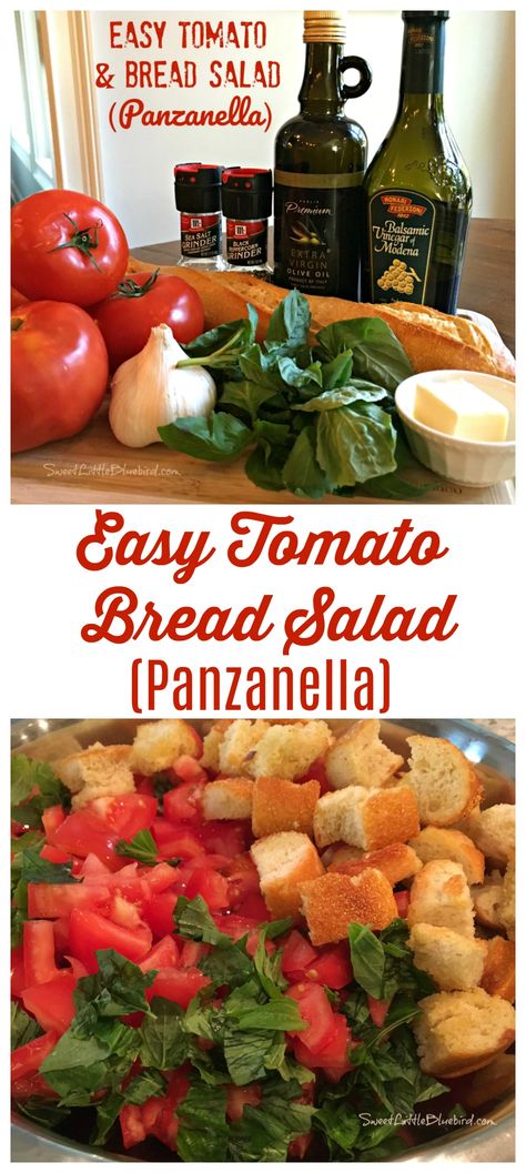 EASY TOMATO and BREAD SALAD (Panzanella)  - Summer Favorite!! A tasty Tuscan salad made with tomatoes and day old crusty bread, tossed in oil, vinegar, basil and sometimes cheese. This popular summer salad is a delicious way to use some of those delicious garden tomatoes! #TomatoBreadSalad #SummerSalad #Panzanella Tomato Bread Salad Recipe, Bread Salad Panzanella, Tomato Bread Salad, Tomato And Bread Salad, Tuscan Salad, Salad Panzanella, Heirloom Tomato Recipes, Panzanella Salad Recipe, Tomato Mozzarella Salad