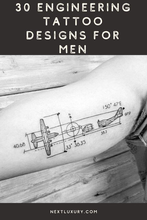 Artistic Tatoos Men, Tattoo For Engineers, Engineering Tattoo Mechanical, Constant Improvement Tattoo, Civil Engineering Tattoo Ideas, Tattoo Ideas Engineering, Engineering Sketches Drawings, Engineer Tattoo Ideas For Men, Mens Tattoos Back