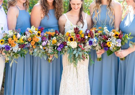 Wedding Flowers With Blue Dresses, Wildflower Bridesmaid Flowers, Dusty Blue And Wildflower Wedding, Blue And Wildflower Wedding, Wildflower Wedding Bridesmaid Dresses, Navy And Wildflower Wedding, Blue Wildflower Wedding Theme, Wildflower Wedding Bridesmaids Dress, Wildflower Bridal Bouquet Fall