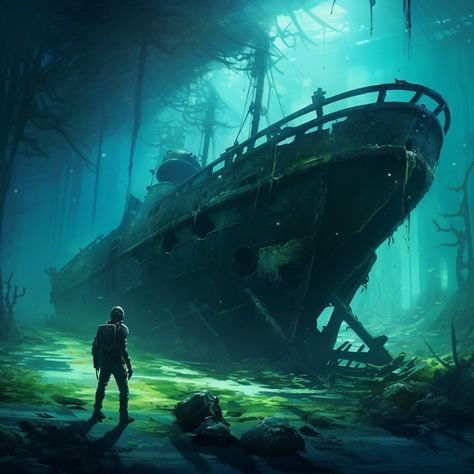 Underwater ship. Sunken ship. Ghost ship. Ethereal. Moody. Haunting. Haunting art. Spooky art. Wrecked Ship, Underwater Shipwreck, Holland Beach, Underwater Ruins, Sunken Ship, Apocalypse Aesthetic, Underwater Scene, Scifi Fantasy Art, Pirate Art