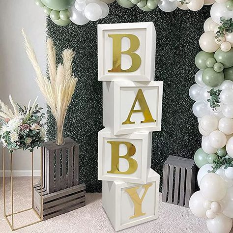 Amazon.com: Baby Shower Boxes Party Decorations - 4pcs Stereoscopic White Baby Balloon Boxes with Gold Baby+A-Z Letters, Party Boxes Baby Blocks for Boys Girls Baby Shower Decorations Gender Reveal Birthday Party Backdrop : Toys & Games Baby Balloon Boxes, Balloon Boxes, Baby Shower Box, Party Boxes, Birthday Party Backdrop, Shower Box, Baby Shower Theme Decorations, White Baby Showers, Balloon Box