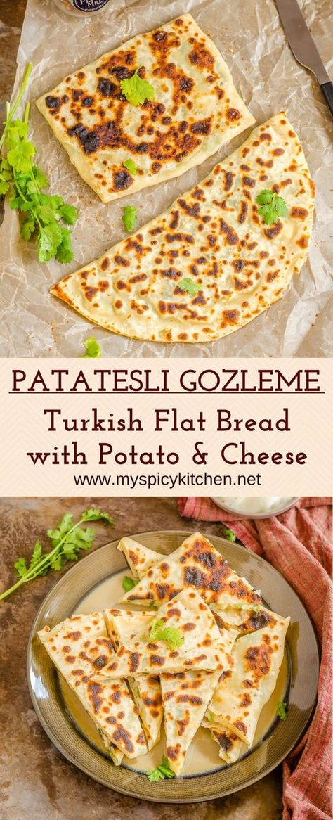 Vertical long pin of patatesli gozleme. Top image has two gozleme on wax paper and the bottom one is a plate of gozleme wedges. Gozleme Recipe, Turkish Flat Bread, Stuffed Flatbread, Potato Stuffed, Potato Cheese, Panini Press, Popular Snacks, Flat Bread, Cheese Stuffed