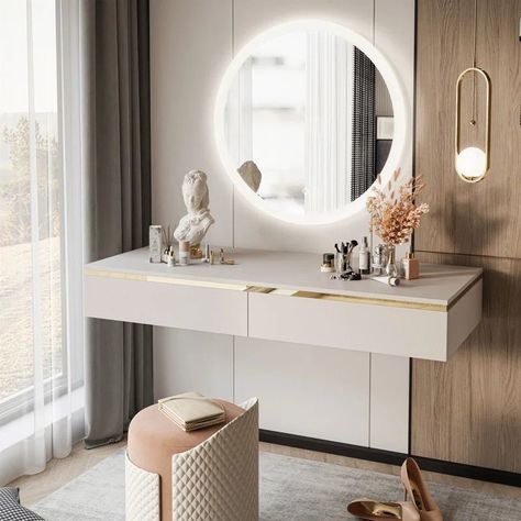 Dressing Table Inspiration, Wall Mounted Dressing Table, Wall Dressing Table, Mid Century Modern Vanity, Dressing Table Decor, Dressing Table With Drawers, Dressing Room Decor, Dressing Table Storage, Dressing Table Design