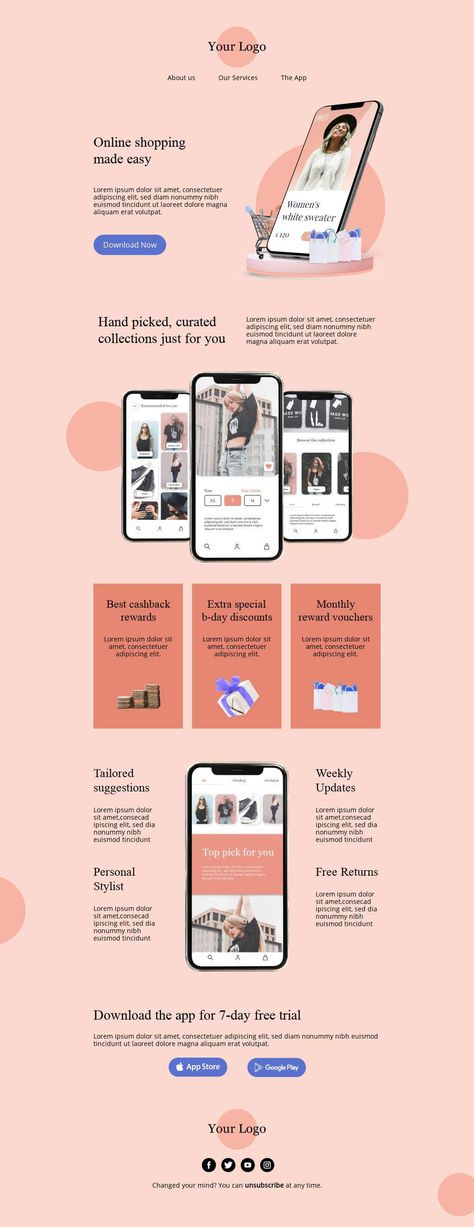 Announce your latest app by using our New App Launch email template! List your app features in the email to help your customers understand exactly how your product will benefit them. This template is exclusively available for BEE Pro users; use the BEE drag-and-drop email editor to customize the template with your information. Designed by Yuliana Pandelieva #emaildesign #pink #template #applaunch Automated Email Design, App Email Design, Product Launch Email Template, Announcement Email Design, Email Announcement Design, Email Product Design, Emailer Design Ideas, App Launch Design, Product Information Design Layout