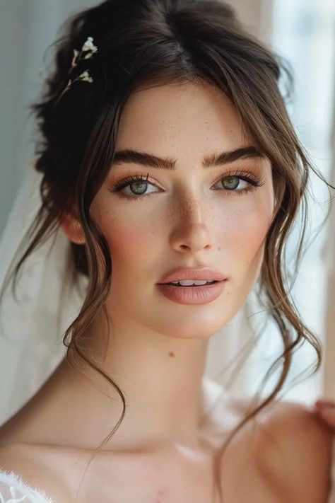 Makeup Looks Hazel Eyes Natural, Natural Glam Hazel Eyes, Fall Bride Makeup Hazel Eyes, Fall Wedding Hair And Makeup, Natural Bridal Makeup Hazel Eyes, Natural Makeup Hazel Eyes, French Wedding Makeup, Wedding Makeup Hazel Eyes Brown Hair, Bridesmaid Makeup For Hazel Eyes