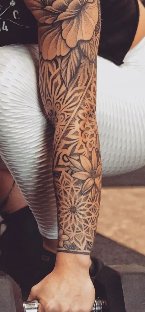 Guys With Sleeve Tattoos, Full Arm Tattoo Men Ideas, Floral Sleeve Tattoo Men, Mandala Tattoo Sleeve For Men, Masculine Floral Tattoo, Mandela Tattoo Design For Men, Mens Flower Sleeve Tattoo, Geometric Mandala Tattoo Design Men, Mens Floral Tattoo