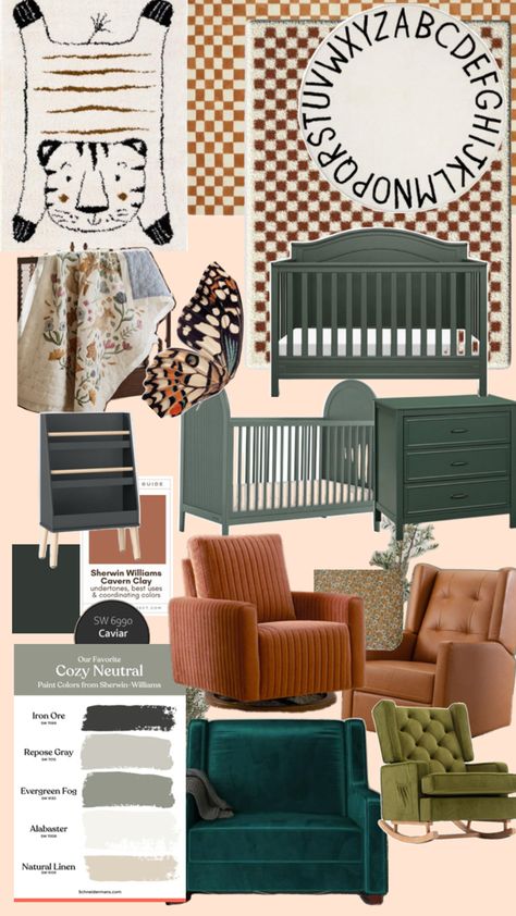 Earth-toned inspired nursery with forest green crib and changing table, camel brown and ivory colored square checkered rugs, lush fabrics like velvet and corduroy. Features brown and green paint swatches and a black brown and green butterfly wing for color inspiration. Moody Nursery, Baby Nursery Inspiration, Repose Gray, Neutral Paint Colors, Neutral Paint, Nursery Inspo, Neutral Nursery, Gender Neutral Nursery, Baby Bedroom