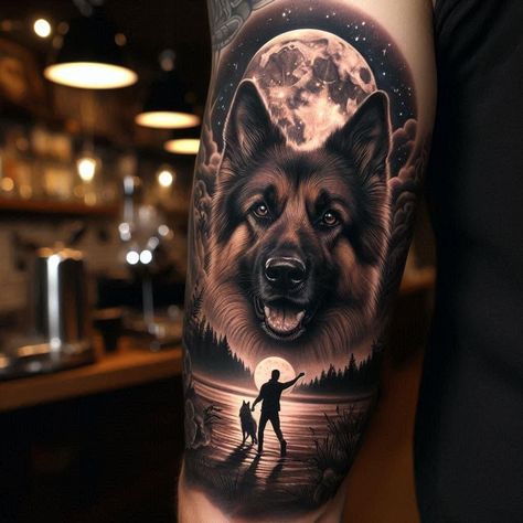 German Shepherd Sleeve Tattoo, Realistic German Shepherd Tattoo, Dog Memorial Tattoo Sleeve, Father Inspired Tattoos, K9 Tattoo Ideas, Dogo Argentino Tattoo, Dog Sleeve Tattoo, Ziggy Tattoo, German Shepherd Tattoo Ideas