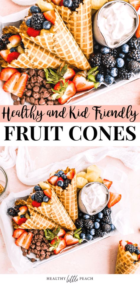 These Fruit Cones are the perfect spring or summer treat. They are filled with a mixture of blueberries, raspberries, strawberries, and pineapple then topped with whipped cream and mini chocolate chips. Fruit Cones Party Ideas, Strawberries And Pineapple, Fruit Cones, Breakfast Picnic, Spring Breakfast, Morning Meals, Healthier Sweets, Healthy Snacks To Make, Peach Recipes