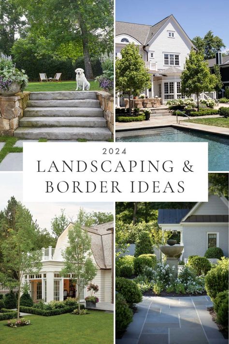 Beautiful landscaping ideas for the front yard, back yard, and around the sides of the house, with garden borders, flower beds, hydrangeas, bushes, outdoor entry landscaping, driveway entry landscaping ideas, and budget backyard ideas for 2024 North Carolina Landscaping Front Yard, Pretty Front Yards, Hedge In Front Of House, Back Of House Landscaping, Front Garden Bed Ideas, Large Front Yard Landscaping Ideas, Front Yard Garden Beds, Backyard Flower Beds, English Garden Front Yard