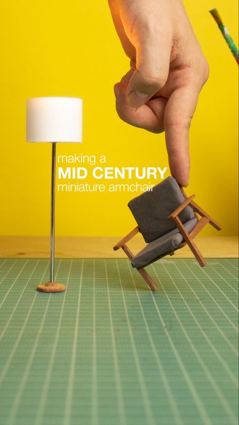 Miniature mid century armchair and floorlamp. Furniture set for stop motion. Miniature Armchair, Stopmotion Animation, Making Miniatures, Midcentury Architecture, Mid Century Armchair, Wooden Projects, Stop Motion, Midcentury Modern, Scandinavian Design