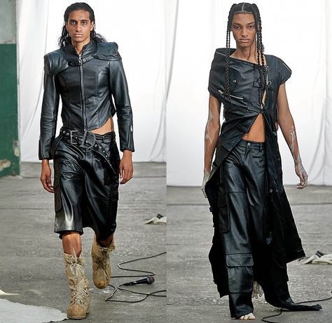 Deadwood 2024 Spring Summer Womens Mens Runway Collection - Copenhagen Fashion Week Denmark CPHFW København - Uplifted - Vintage Upcycled Deadstock Leather Recycled Crop Top Midriff Miniskirt Bomber Motorcycle Biker Moto Jacket Patchwork Terra Cotta Utility Pockets Deconstructed Head Wrap Balaclava Straps Belts Slouchy Wide Leg Outerwear Coat Shoelaces Dress Cargo Shorts Quilted Puffer Scarf Asymmetrical Shoulder Sleeve Zipper Skirt Leg Warmers Desert Boots Skirt Leg Warmers, Spring Summer Runway, Puffer Scarf, Mens Runway, Jacket Patchwork, London Fashion Week Mens, Summer Runway, Moto Biker Jacket, Upcycled Leather