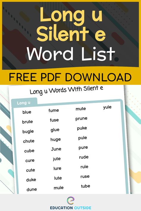 In this PDF are the long u words with silent e patterns taught to young kids. Finding different ways to practice long u with silent e will ensure students can quickly and easily read these words when they encounter them. Long Vowel Sounds Worksheets, Long U Words, Long Vowels Activities, Long Vowel Worksheets, Vowel Practice, Short Vowel Worksheets, Vowel Activities, Silent Words, Silent E