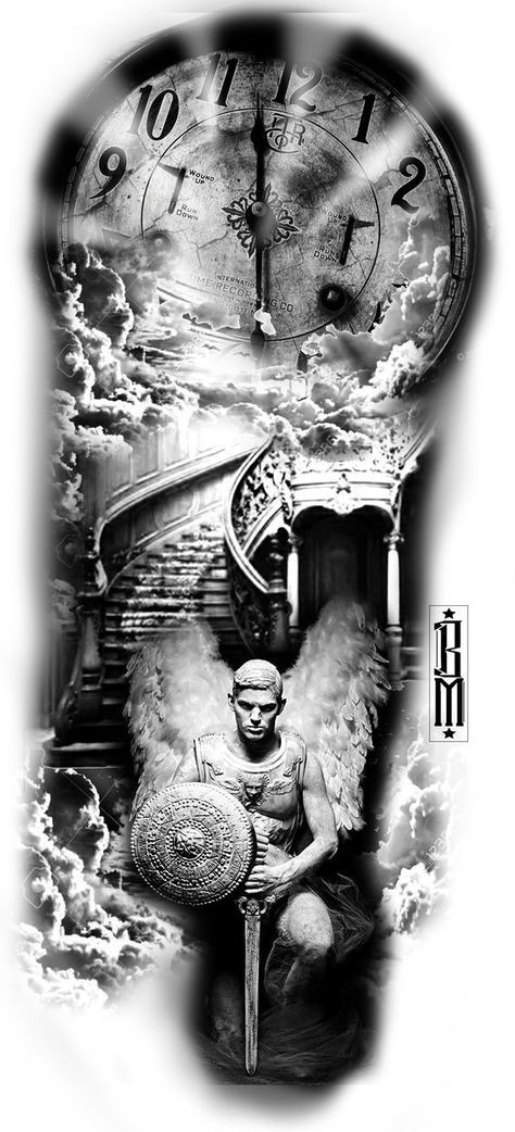 Sky Tattoos, Archangel Tattoo, Heaven Tattoos, Angel Tattoo Designs, Religious Tattoos, Mythology Tattoos, Angel Warrior, Clock Tattoo, Full Sleeve Tattoos