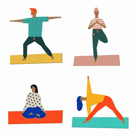 Well Being Illustration, Fitness Graphics, People Doing Yoga, Class Illustration, Yoga Illustrations, Meditation Poster, People Group, Yoga Cards, Yoga Illustration