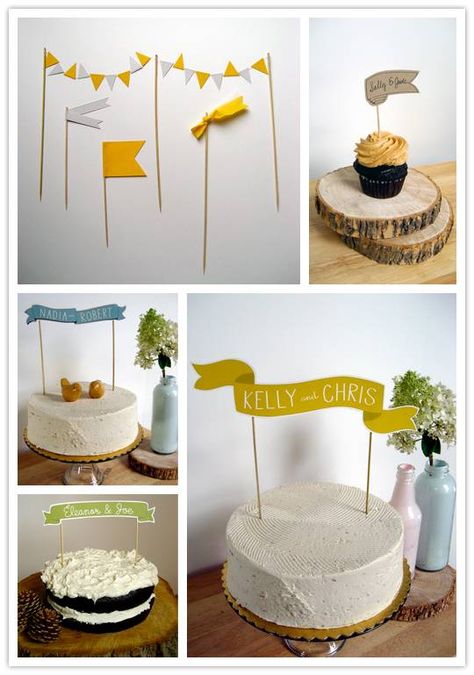 While we’re on the subject of adorable cake decorations, I’m a big fan of the whimsical cake banners made by Ready Go. They have a quirky, hand drawn feel to them that melts my heart. They’re simple, but make a great statement on top of your cake and really fit almost any wedding style, from … Cake Topper Diy, Cake Bunting, Cake Banner, Diy Cake Topper, Cake Banner Topper, Paper Cake, Diy Cake, Diy Birthday, Cake Inspiration