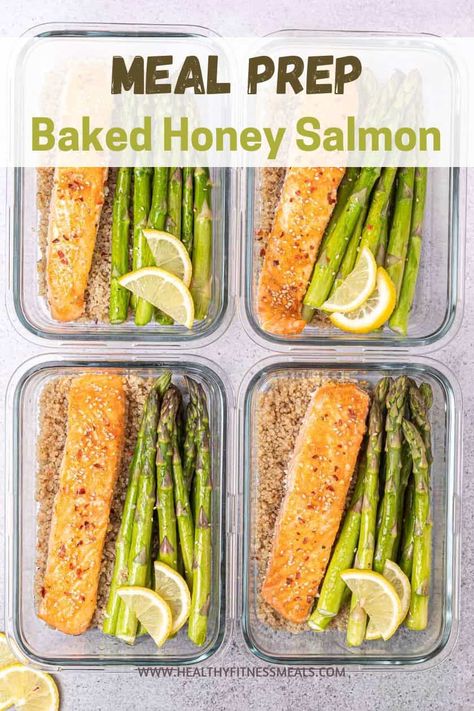 High Protein Meals With Asparagus, High Protein Salmon Meal Prep, Asparagus Meal Prep, Meal Prep Simple, Clean Eating Salmon, Salmon Meal Prep, Salmon Asparagus, Protein Meal Prep, Honey Salmon