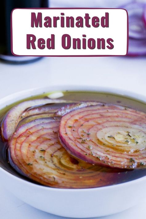 Quick and Easy Marinated Red Onions in a small white bowl Marinated Red Onions Recipe, Marinated Onions Recipe, Marinated Red Onions, Vidalia Onion Recipes, Marinated Onions, Balsamic Bruschetta, Bacon Wrapped Pork Tenderloin, Red Onion Recipes, Delicious Salad Dressings