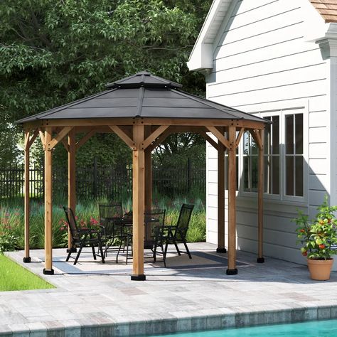 Sunjoy 13 Ft. W x 13 Ft. D Solid Wood Patio Gazebo & Reviews | Wayfair Poolside Gazebo, Octagon Gazebo, Wood Gazebo, Diy Gazebo, Roof Ceiling, Outdoor Structure, Backyard Shade, Grill Gazebo, Steel Roof