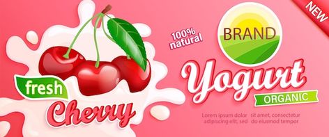 Cherry Yogurt, Milk Splash, Candy Packaging, Fresh Cherries, Natural Branding, Logo Emblem, Label Templates, Fresh Berries, Sweet Desserts